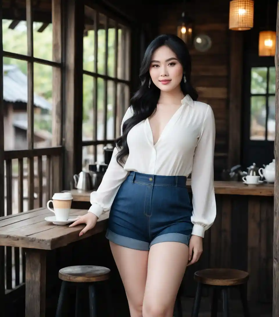 Stylish Vietnamese woman in romper at rustic coffee bar
