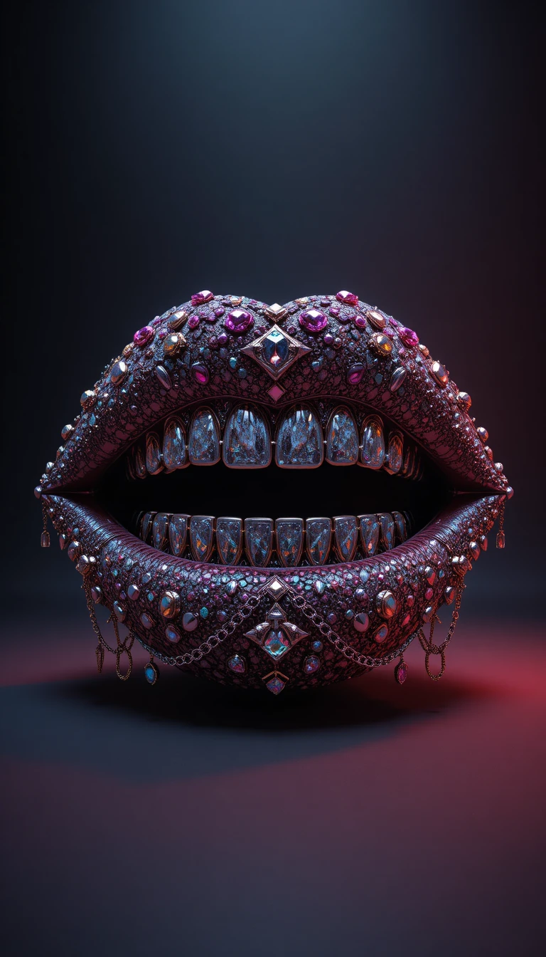 Luxurious jewel encrusted lips sculpture on dark studio background