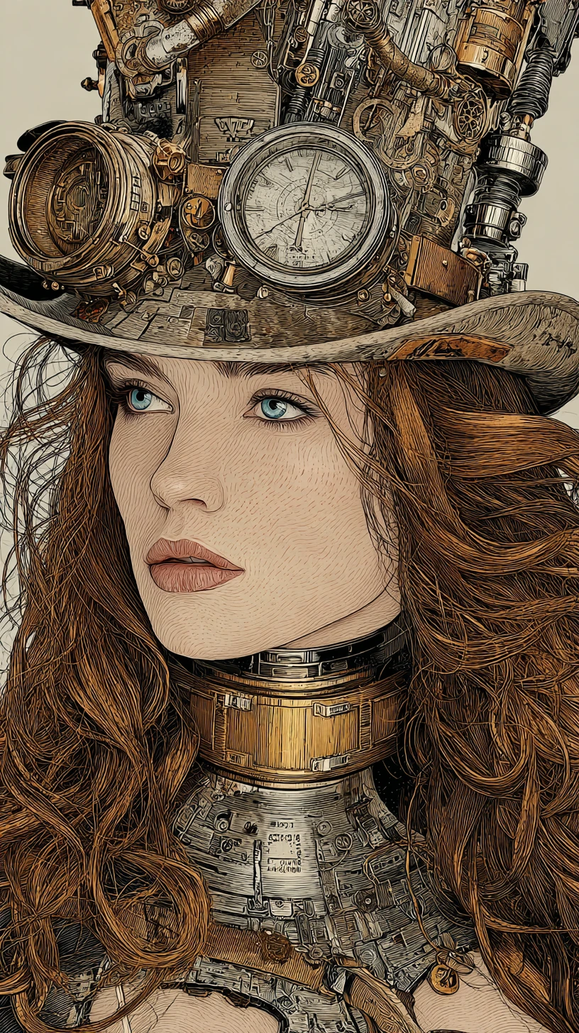 Femme steampunk au corps mécanique et haut-de-forme orné