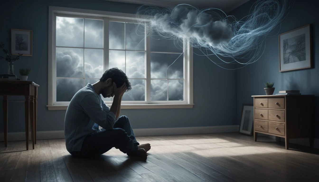 Lonely person in dim room surrounded by swirling dark thoughts