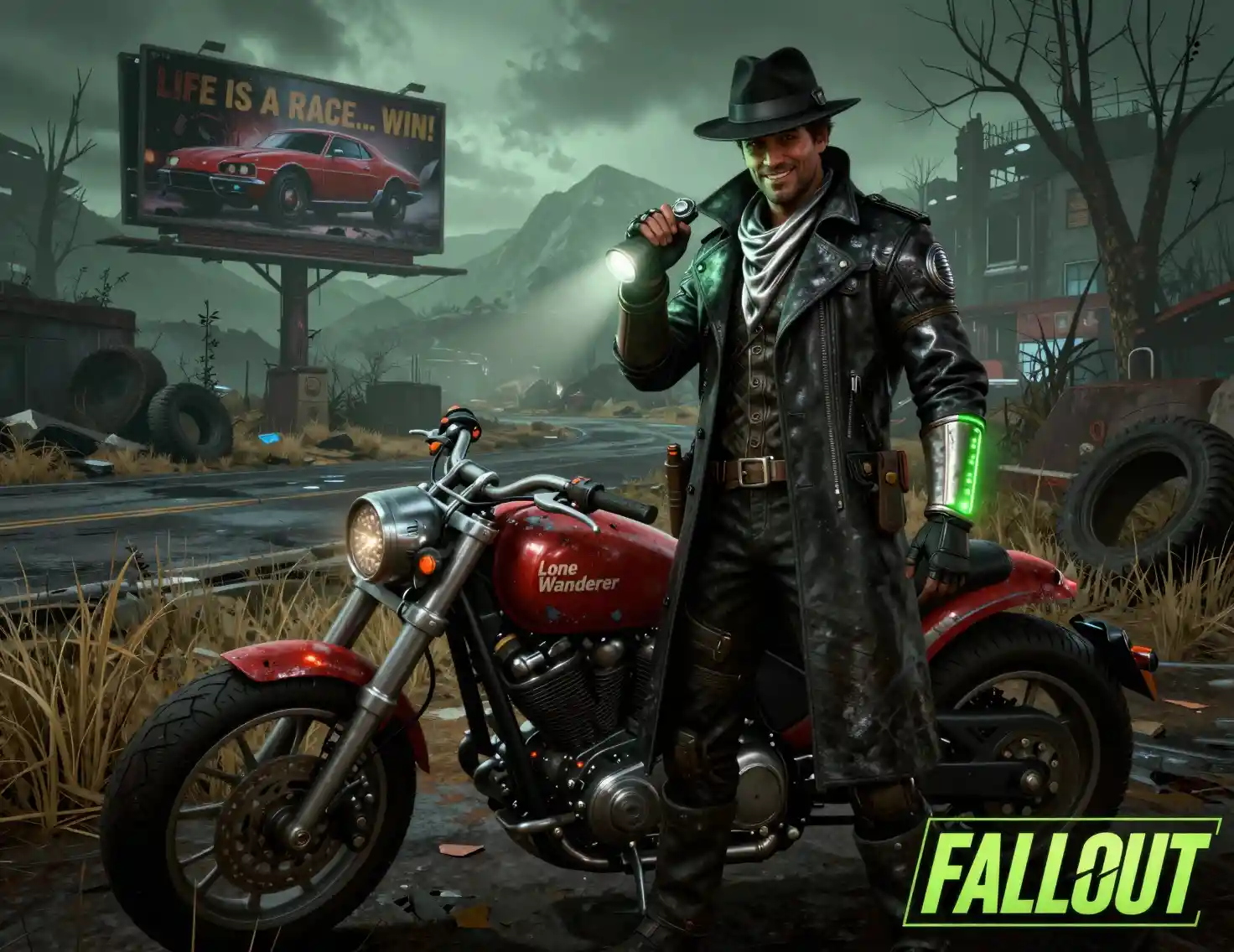 Detective sci‑fi con motocicletta in una landa post-apocalittica