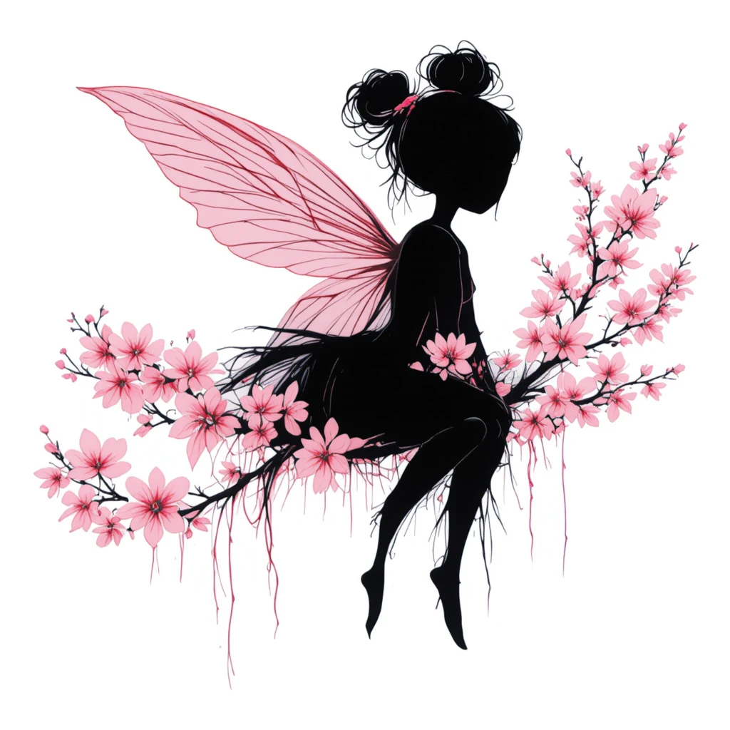 Silueta minimalista de hada con alas rosas de flores de cerezo