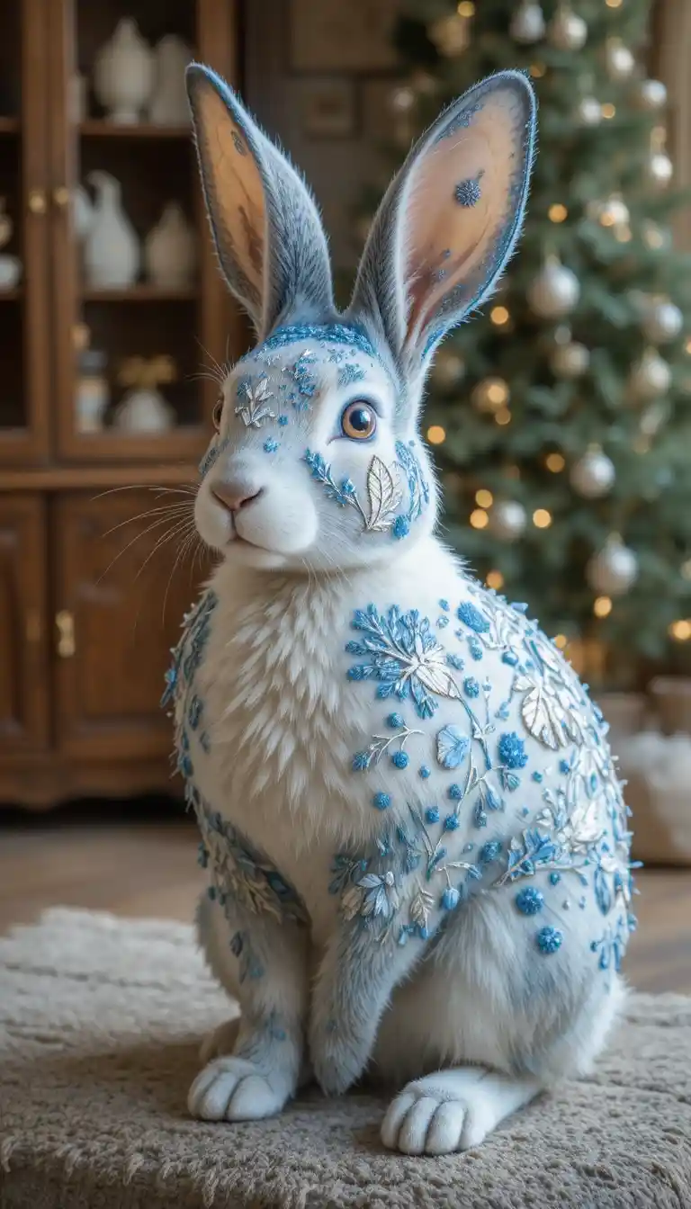 Decorative rabbit figurine beside a glowing Christmas tree