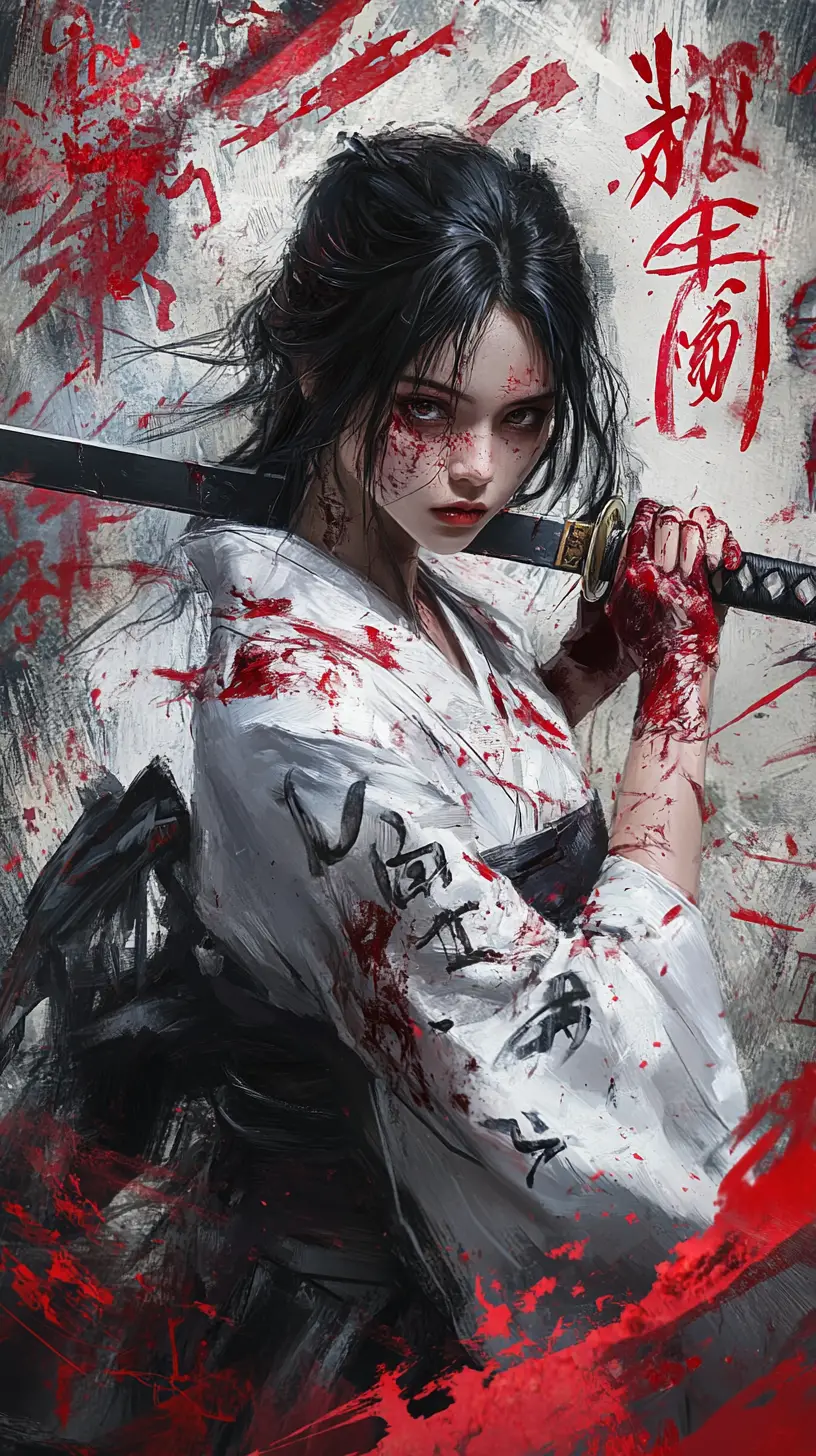 Samouraï femme tenant un katana dans un kimono blanc taché de sang