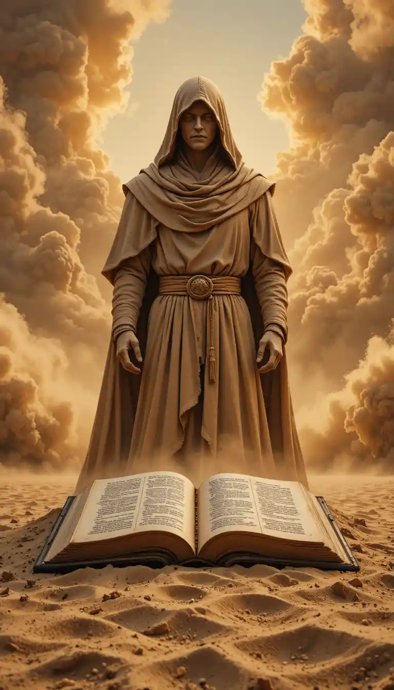 Hooded sand statue before an ancient bible in a storm