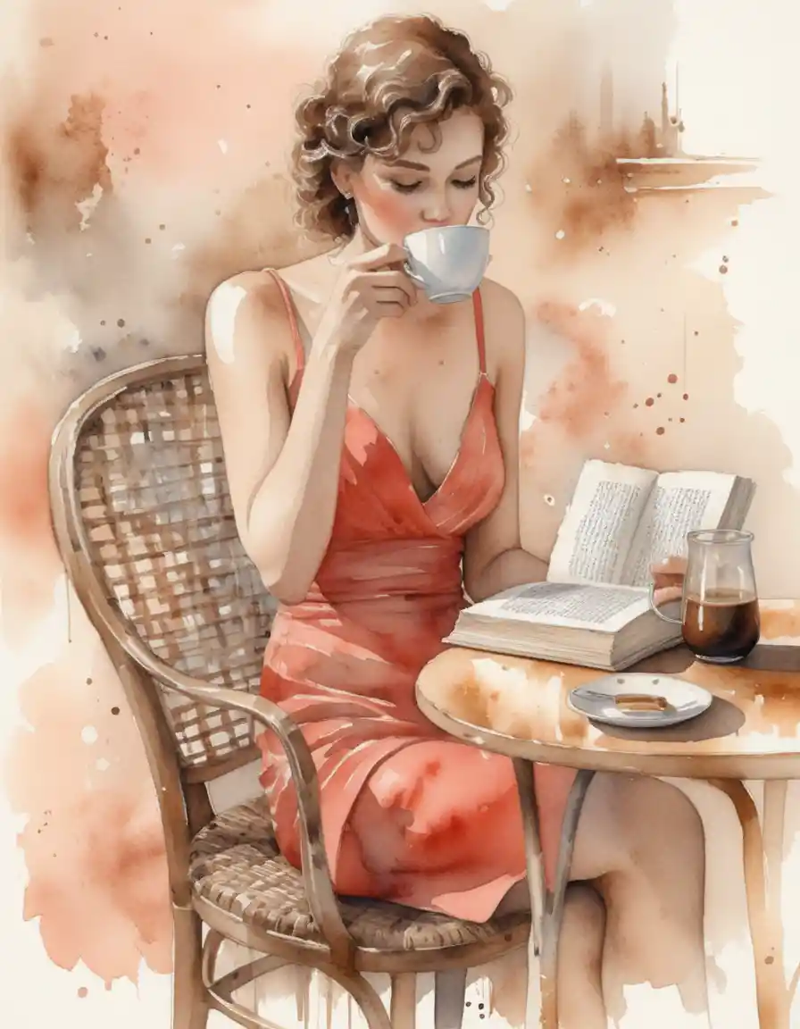 Woman reading at a cafe table in watercolor style