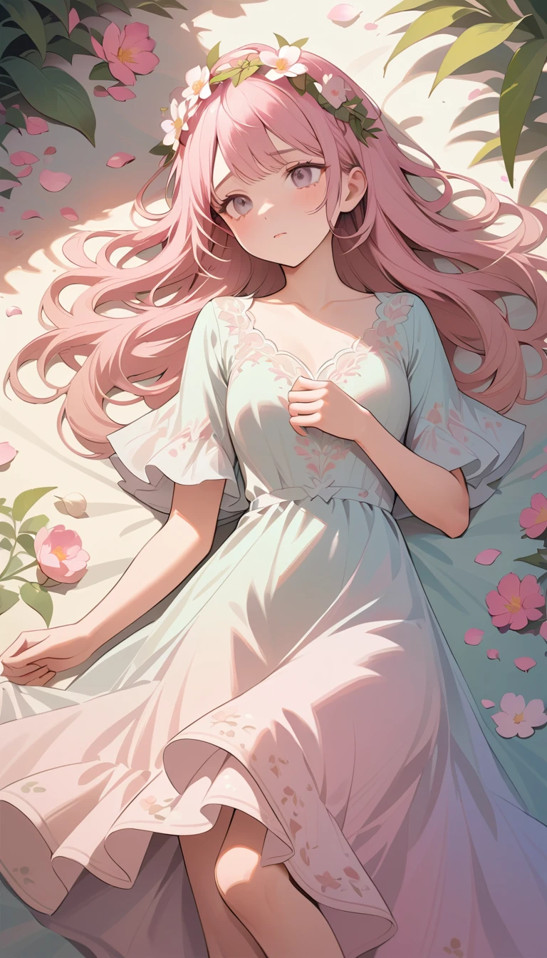 Young woman in white dress lying among soft pink flowers