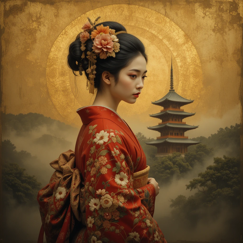Geisha etérea con kimono rojo frente a templo distante