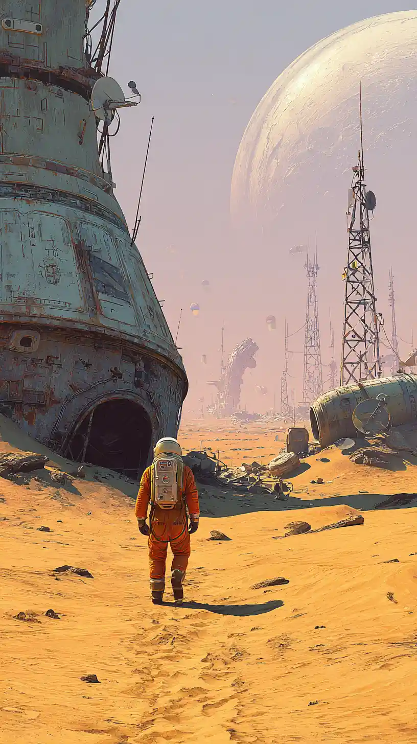 Astronauta solitario che attraversa il deserto verso un antico monolite alieno