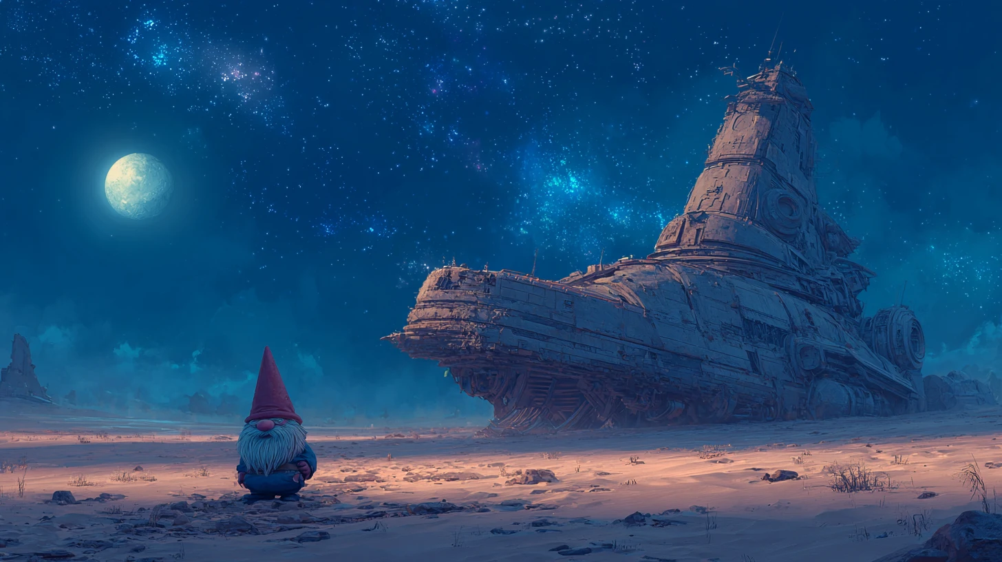 Gnome watching a colossal alien ship in desert night