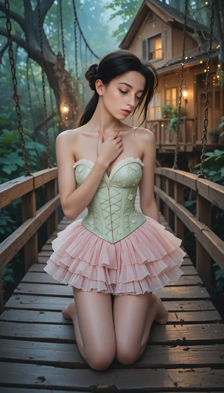 Young woman kneeling on a rustic bridge in soft light