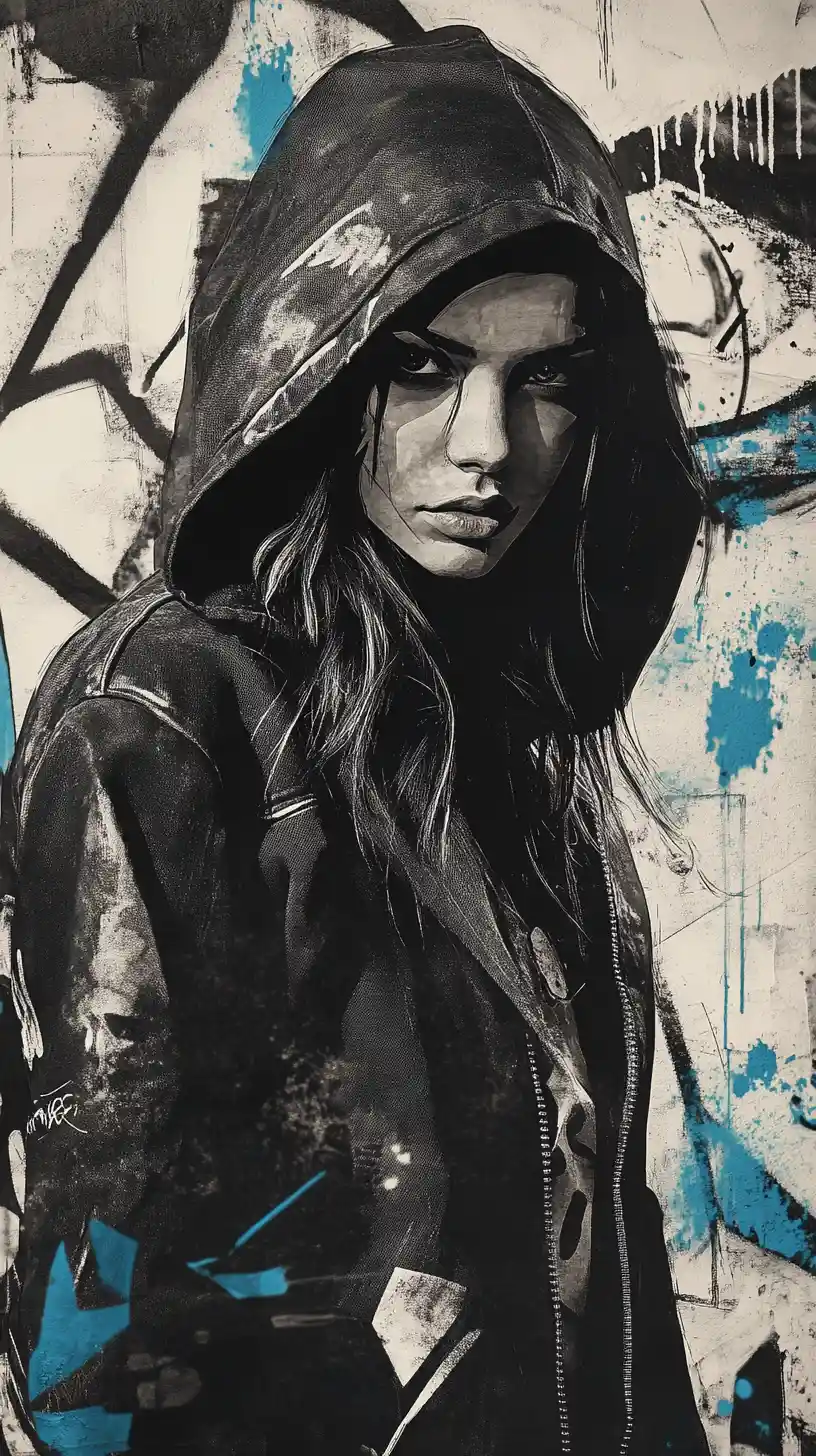 Young woman in hooded jacket against graffiti wall