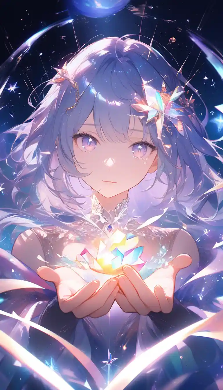 Silver haired anime woman holding a glowing memory orb