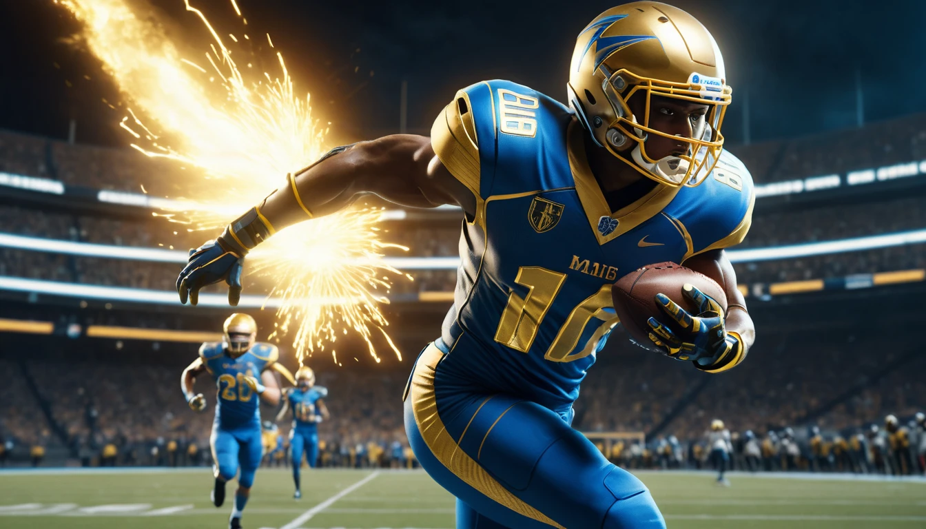 Futuristic football player sprinting toward a dramatic touchdown