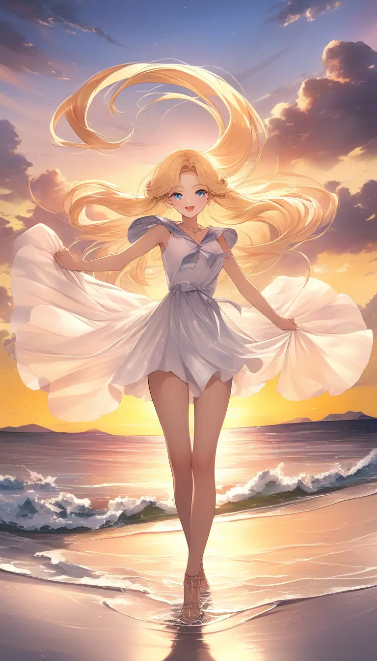 Blonde anime girl smiling at sunset in an outdoor scene