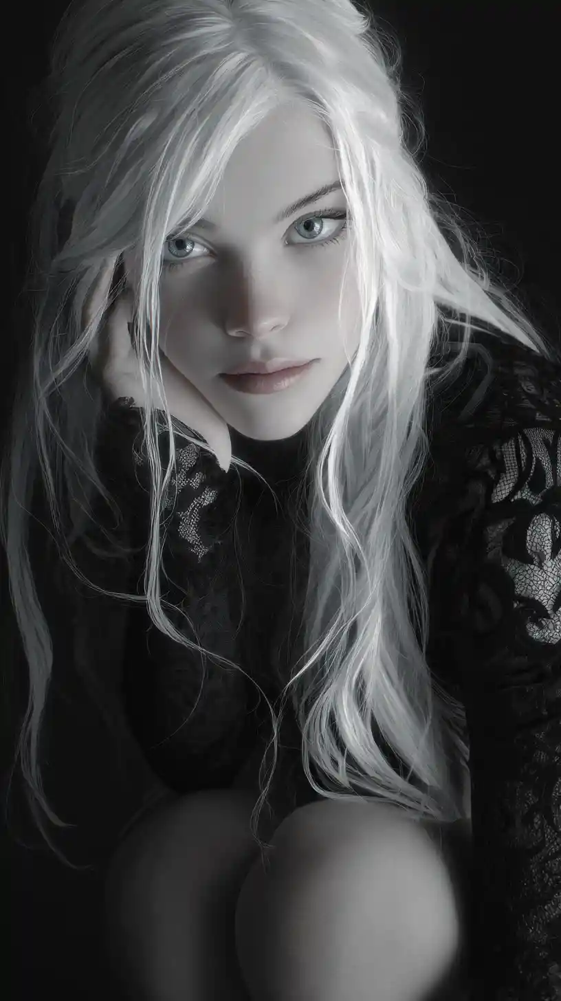 Melancholic white haired girl portrait with intense blue eyes