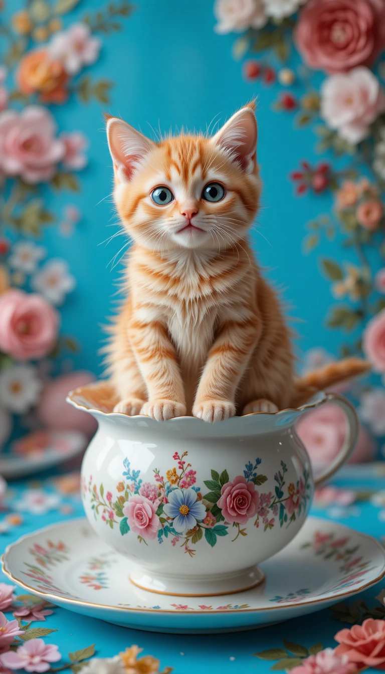 Gato naranja juguetón sentado en un plato con fondo azul