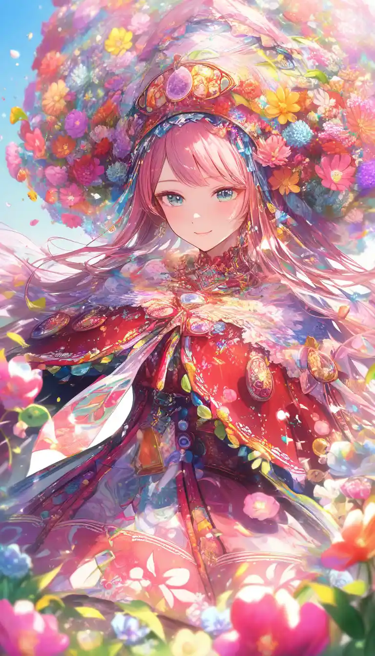 陽光晴空下花卉裝扮俏皮女孩特寫