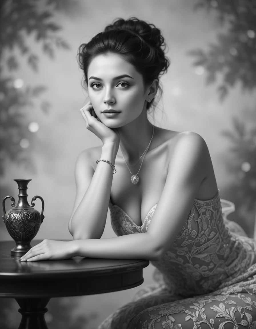 Elegant woman in black and white seated in classic pose
