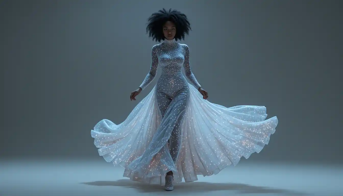 Confident black woman in seamless futuristic holographic dress