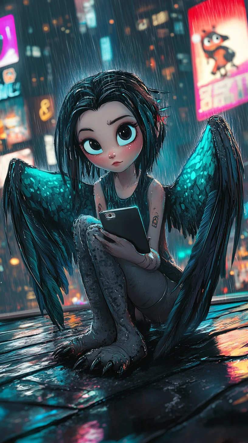 Cartoon archaeopteryx on rainy neon city rooftop at night