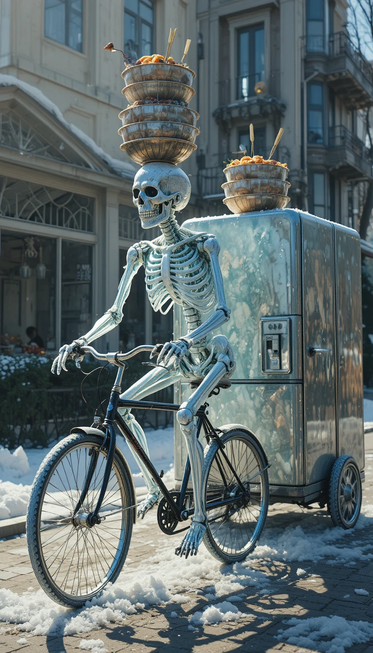 Esqueleto helado brillante en bicicleta con cuencos de ramen y nevera