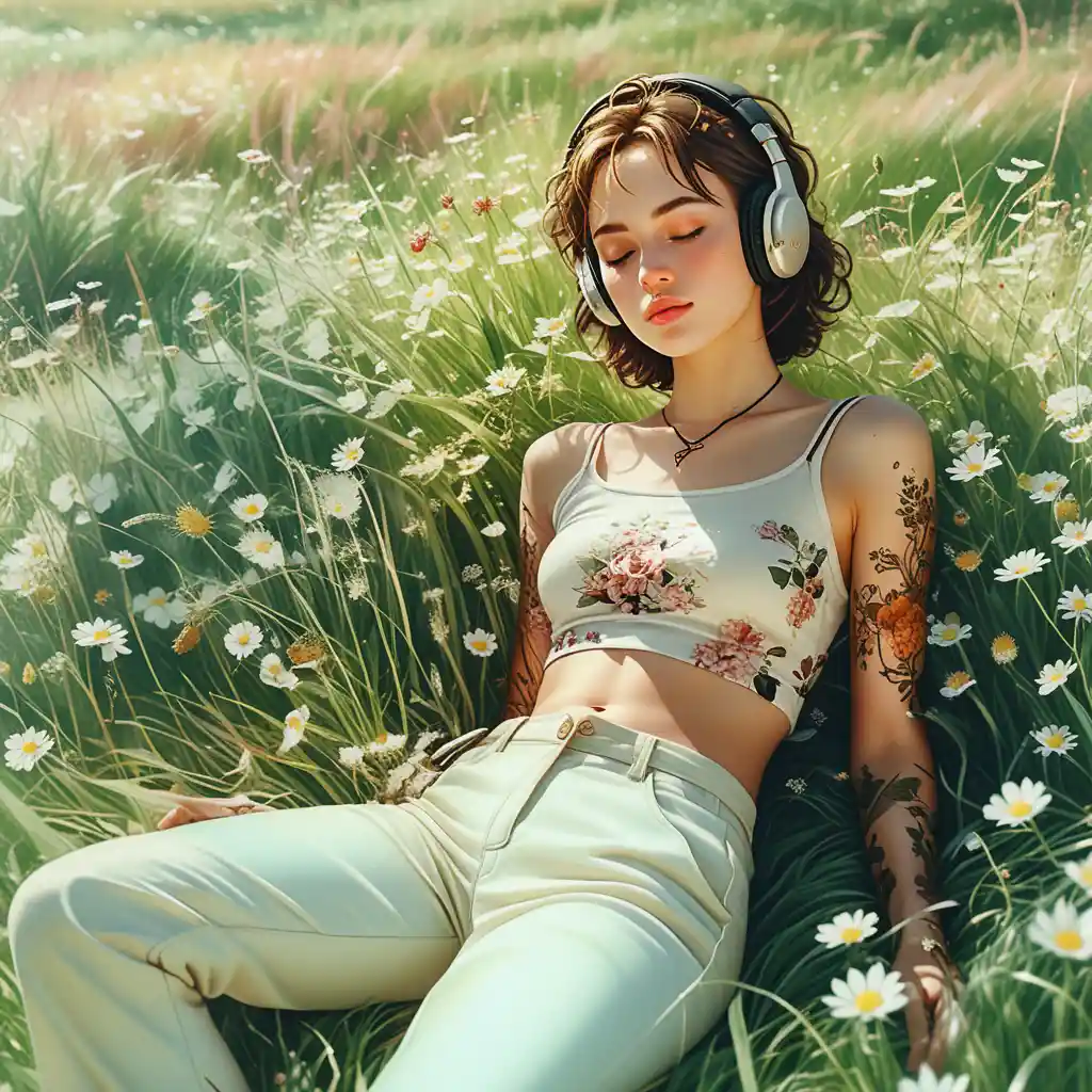 Young woman relaxing in a sunlit summer meadow