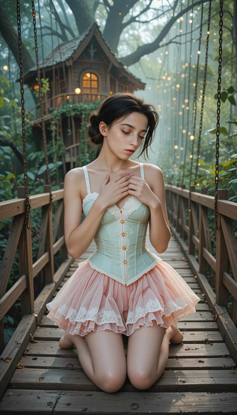 Young woman kneeling on a rustic bridge in soft light