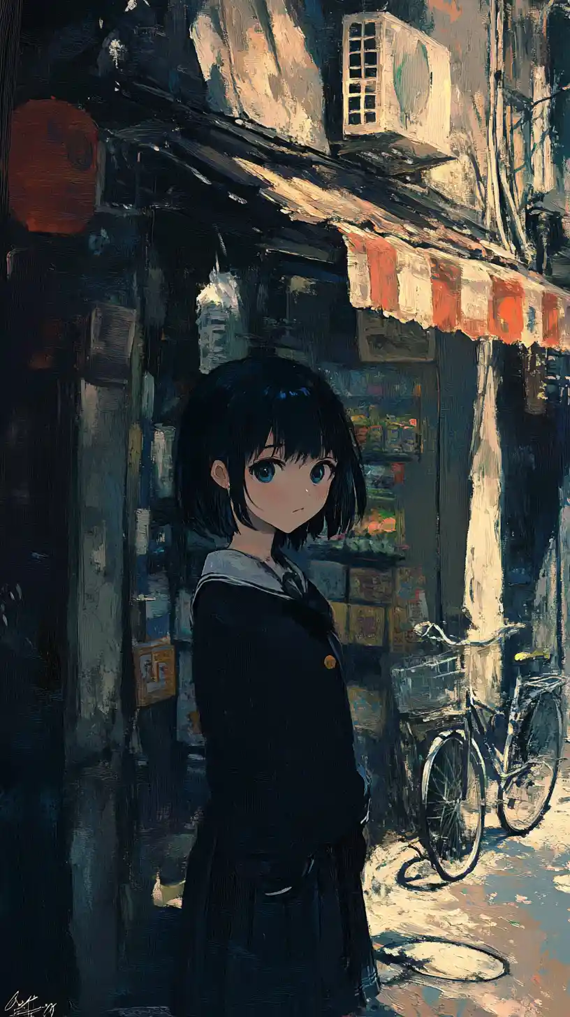 Melancholic anime schoolgirl embracing a cowboy in alley