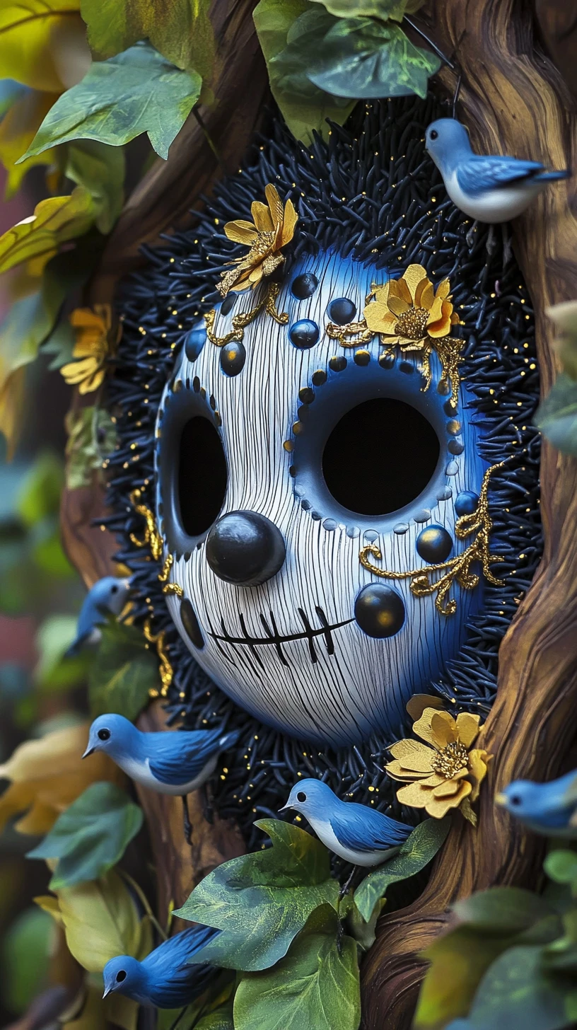 Máscara de madera surrealista fusionada con un erizo antropomórfico