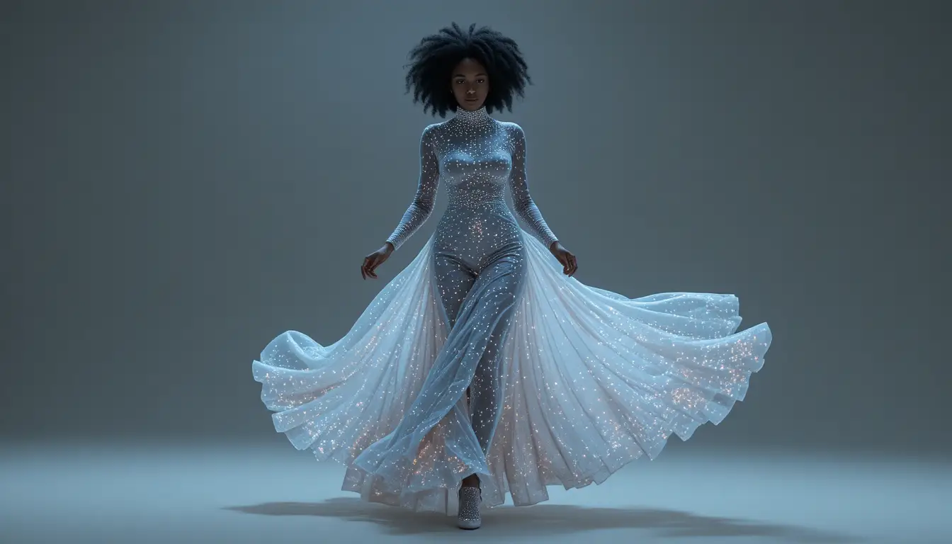 Confident black woman in seamless futuristic holographic dress