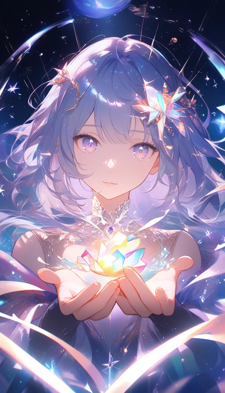 Silver haired anime woman holding a glowing memory orb