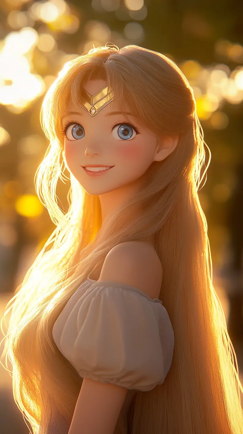Smiling blonde anime girl in sunset outdoor scene