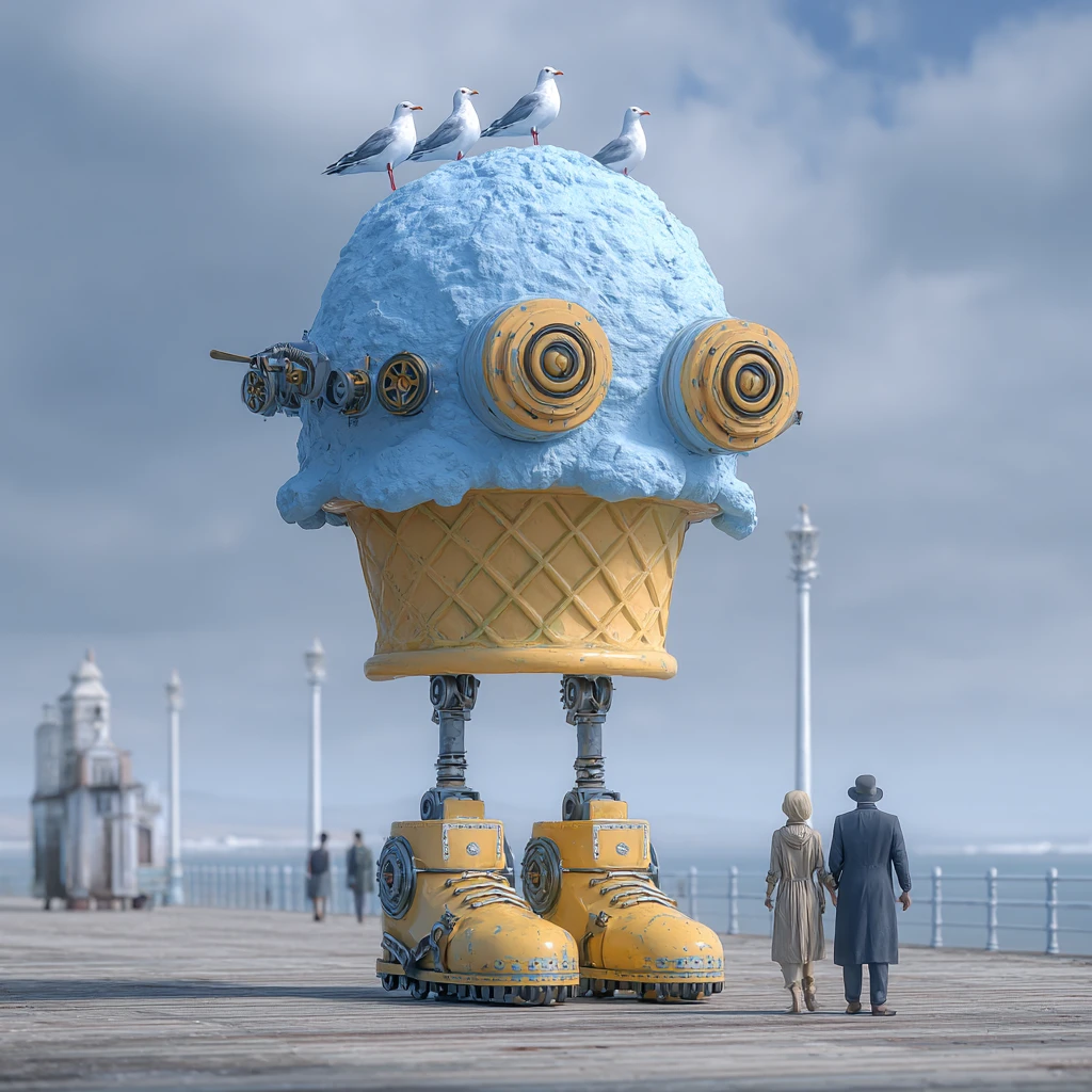 Criatura de Helado Surreal en un Muelle con Pequeños Espectadores Humanos