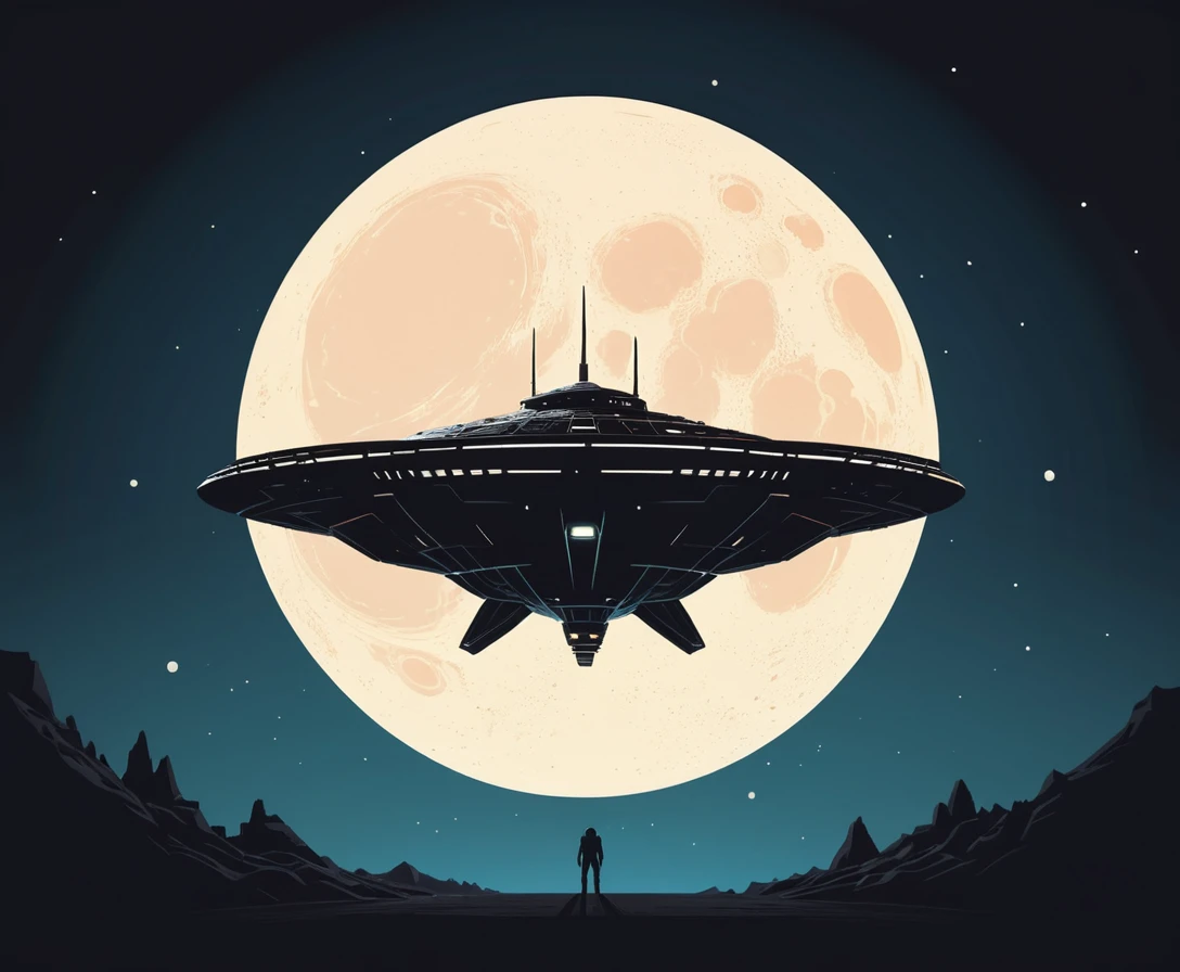 Silhouette minimalista di astronave contro una luna gigante