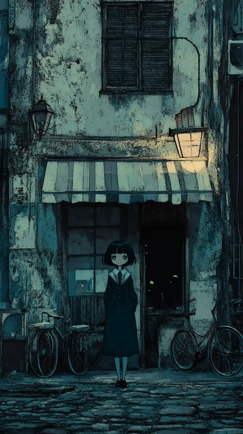 Melancholic schoolgirl standing alone in a shadowy alleyway
