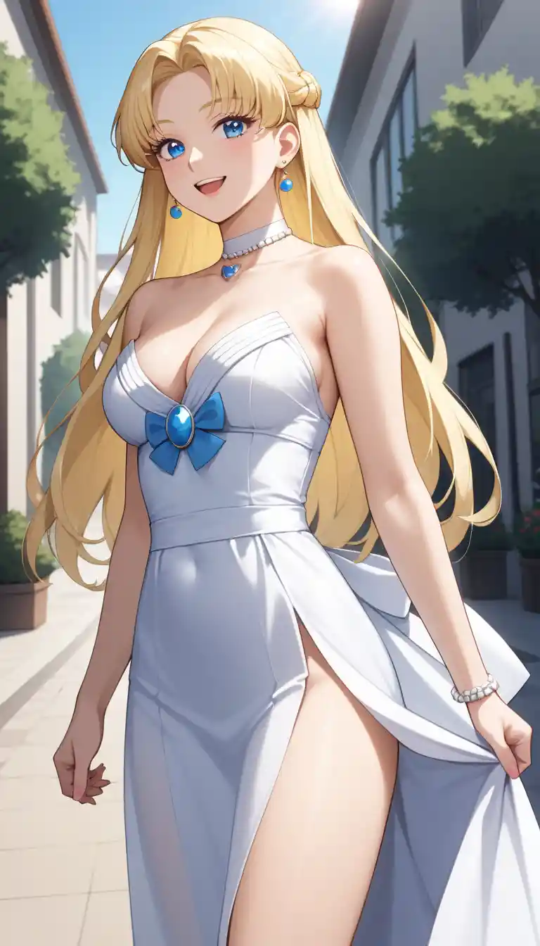 Joyful blonde anime girl at sunset in modern outfit