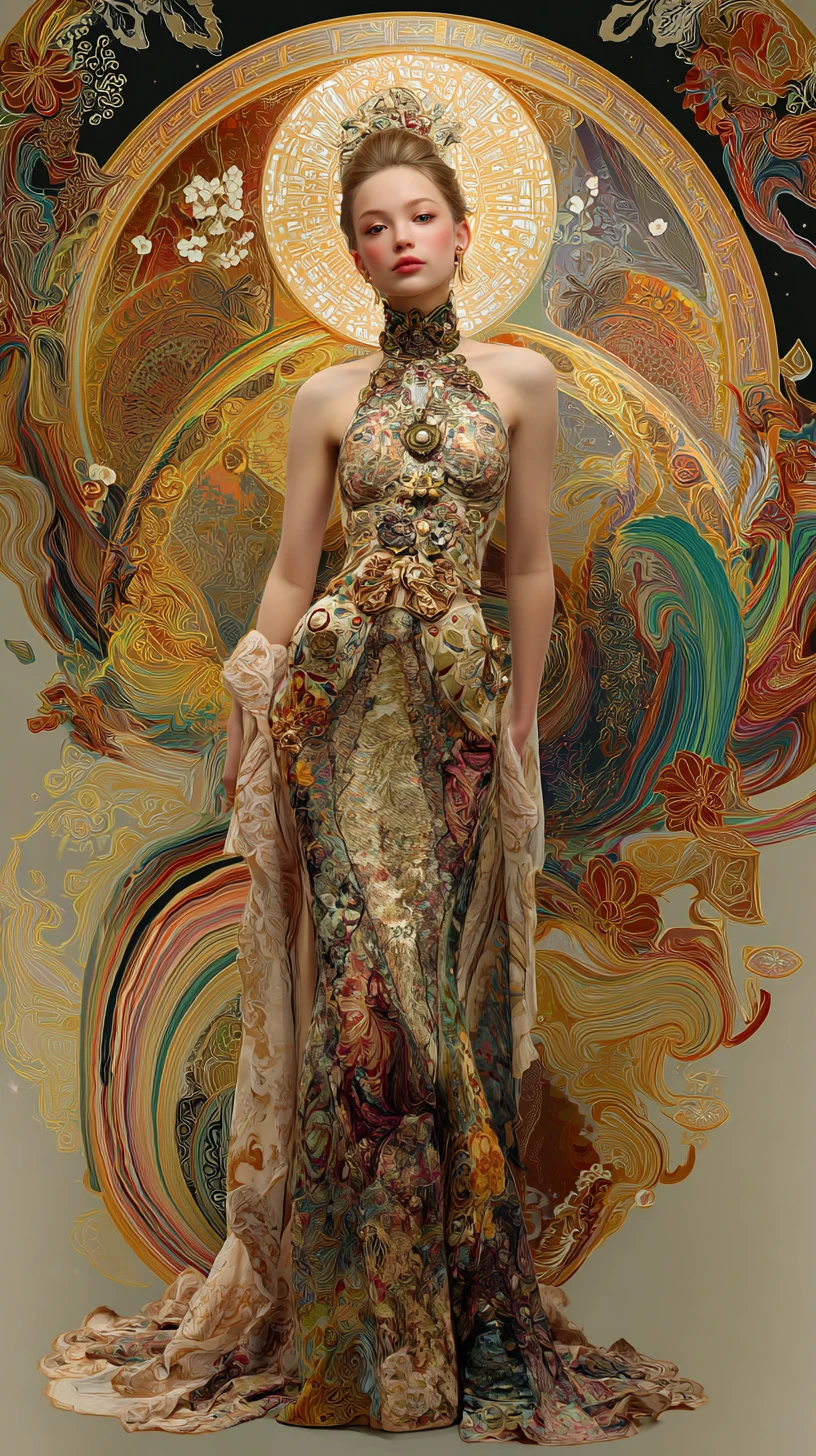 Elegant woman in antique evening gown amid colorful vortex
