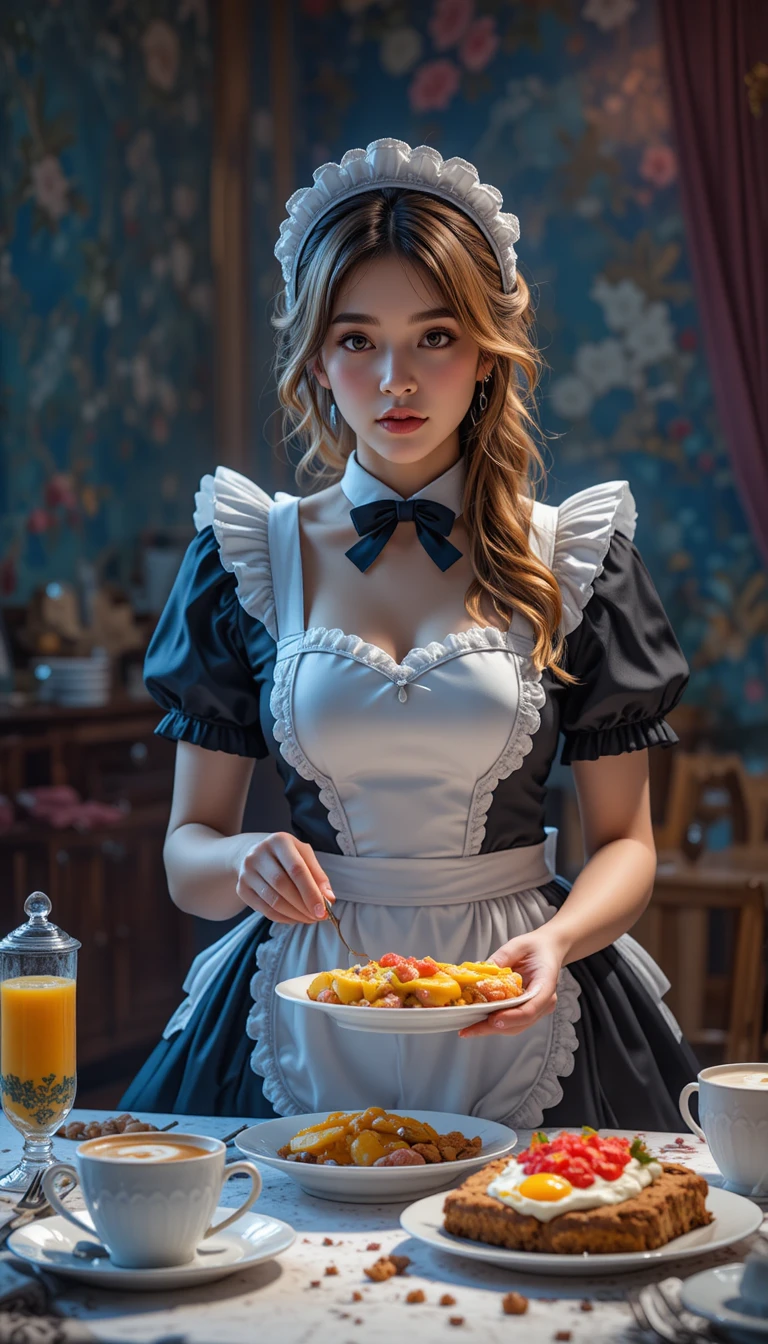 Cameriera francese che serve la colazione di compleanno in una luce drammatica