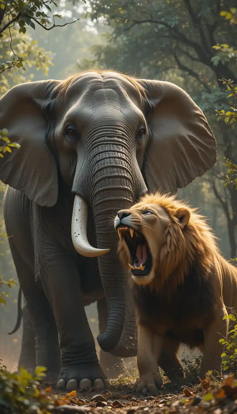 Scontro tra elefante e leone nella drammatica luce della giungla