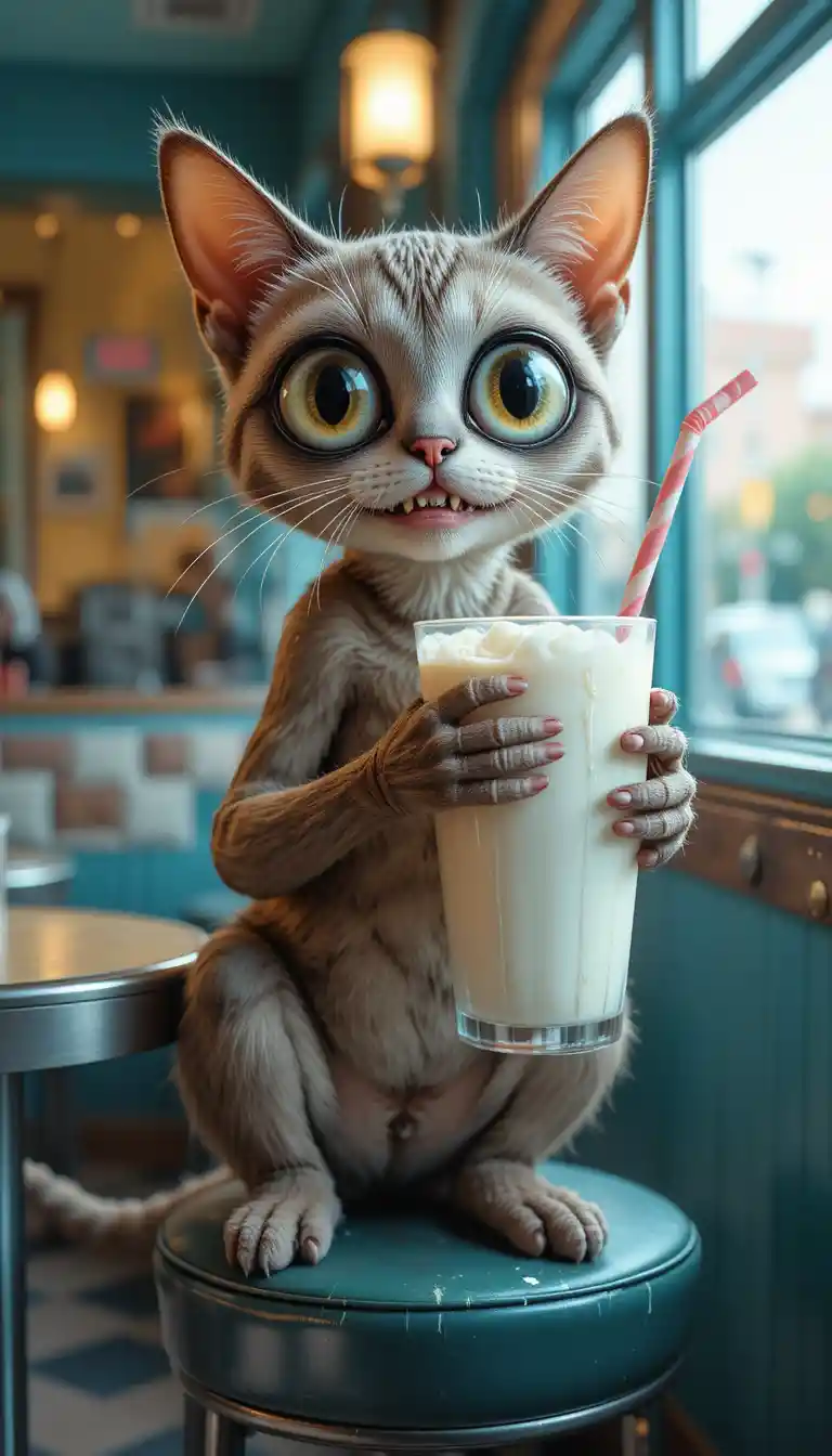 Cartoon cat sipping a vanilla milkshake in a retro diner