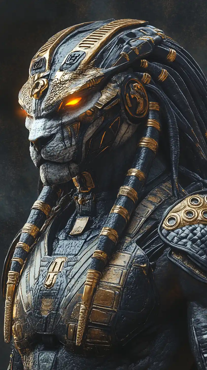 Antico guerriero faraone sci-fi con occhi di predatore luminosi