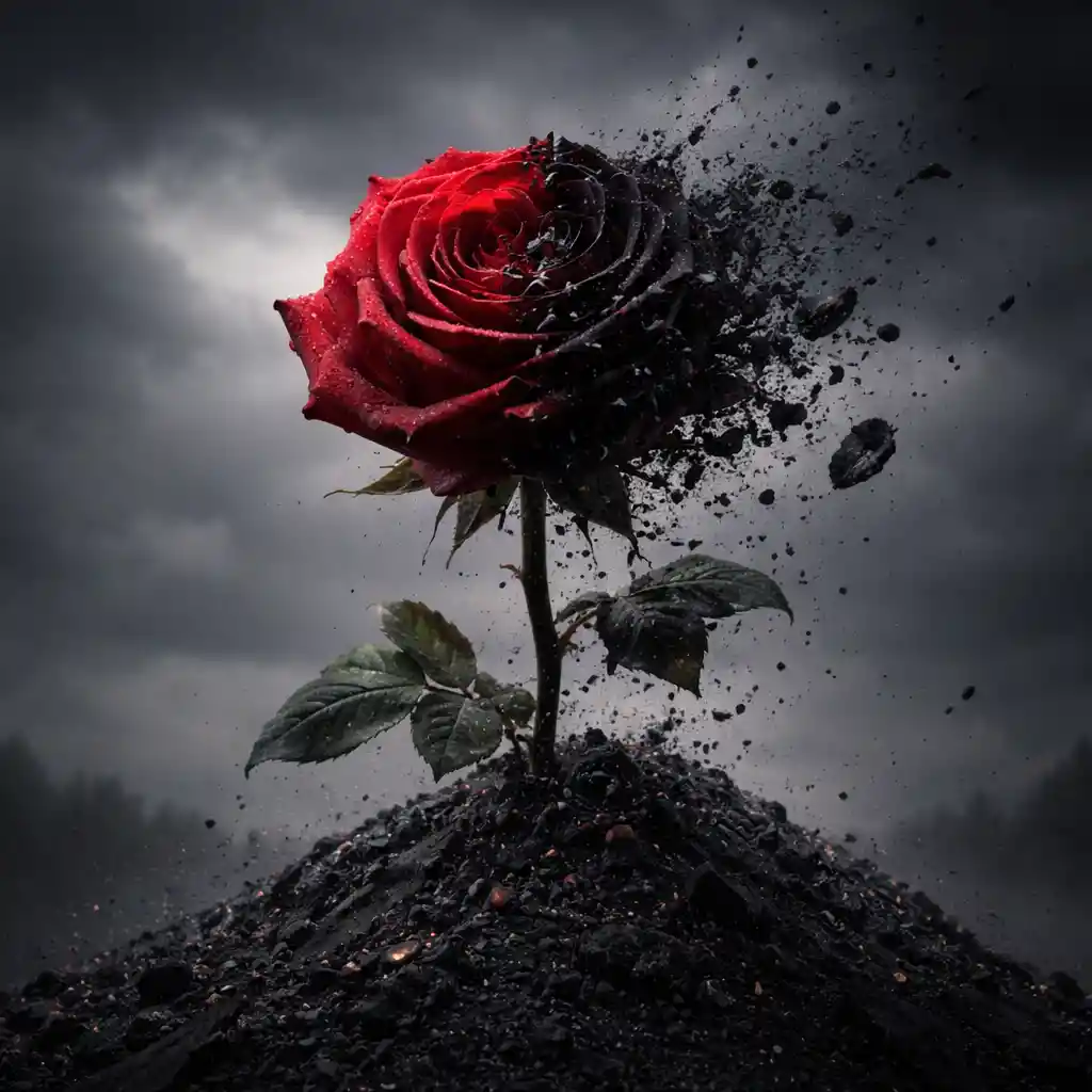 Half blooming red rose decaying on a dark ash hill