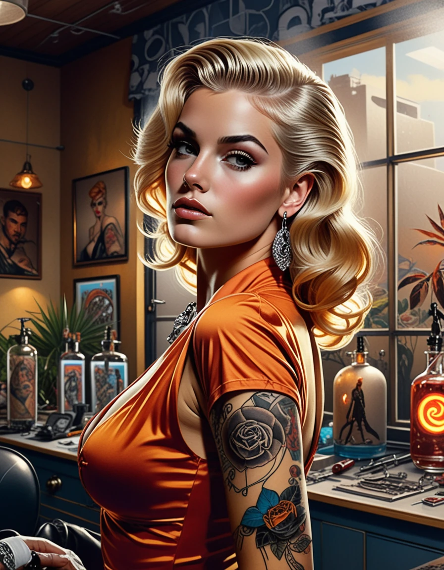 Blonde pin up woman in a sunlit tattoo parlor