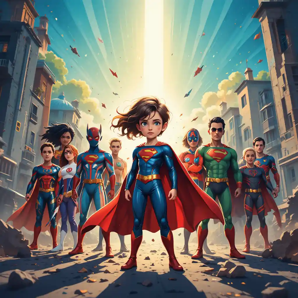 Capa colorida de caderno de super-herói com criança em primeiro plano