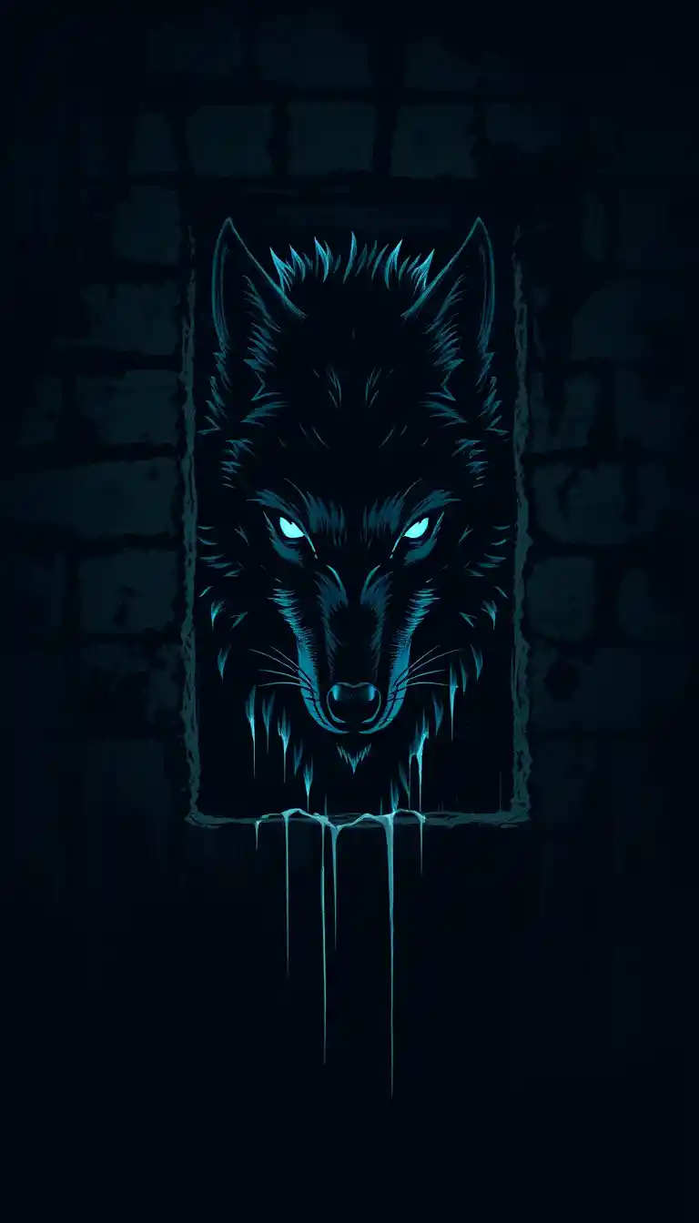 Noir-Wolfsilhouette aus Licht in Stadtmauer geformt