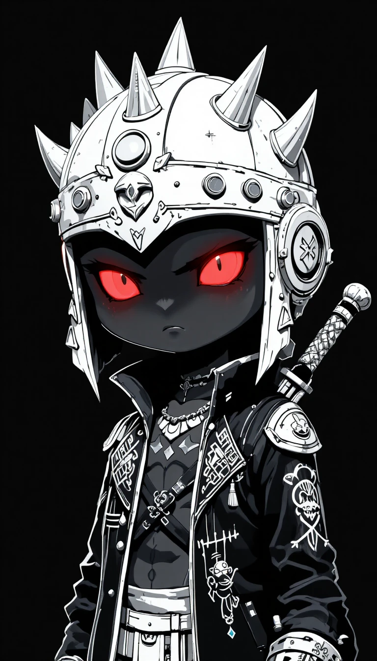 Dark cartoon warrior with glowing red eyes on black