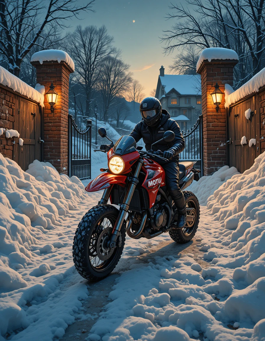Motorista junto a motocicleta roja en un patio nevado de noche