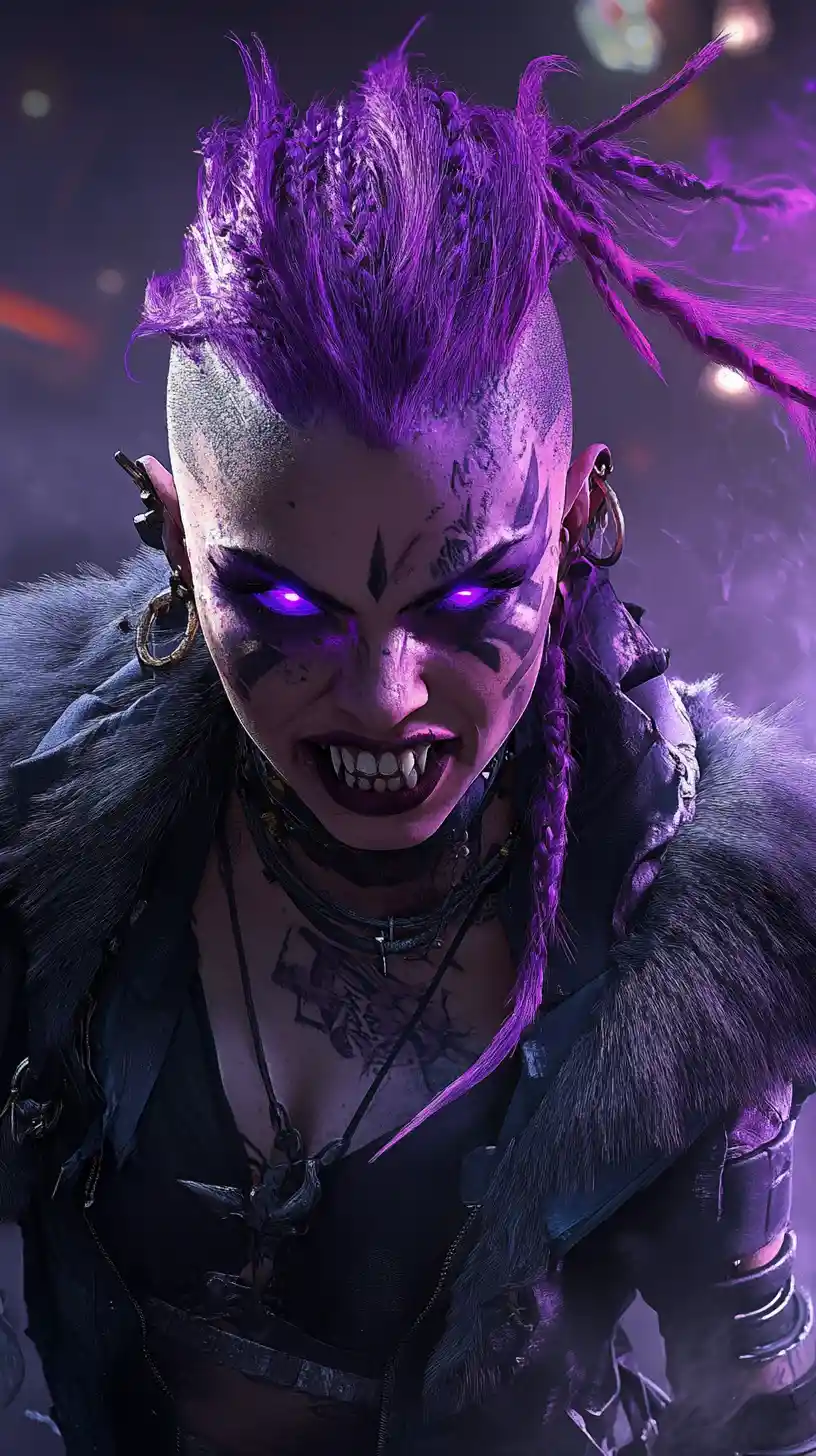 Fierce cyberpunk fantasy woman with glowing purple eyes