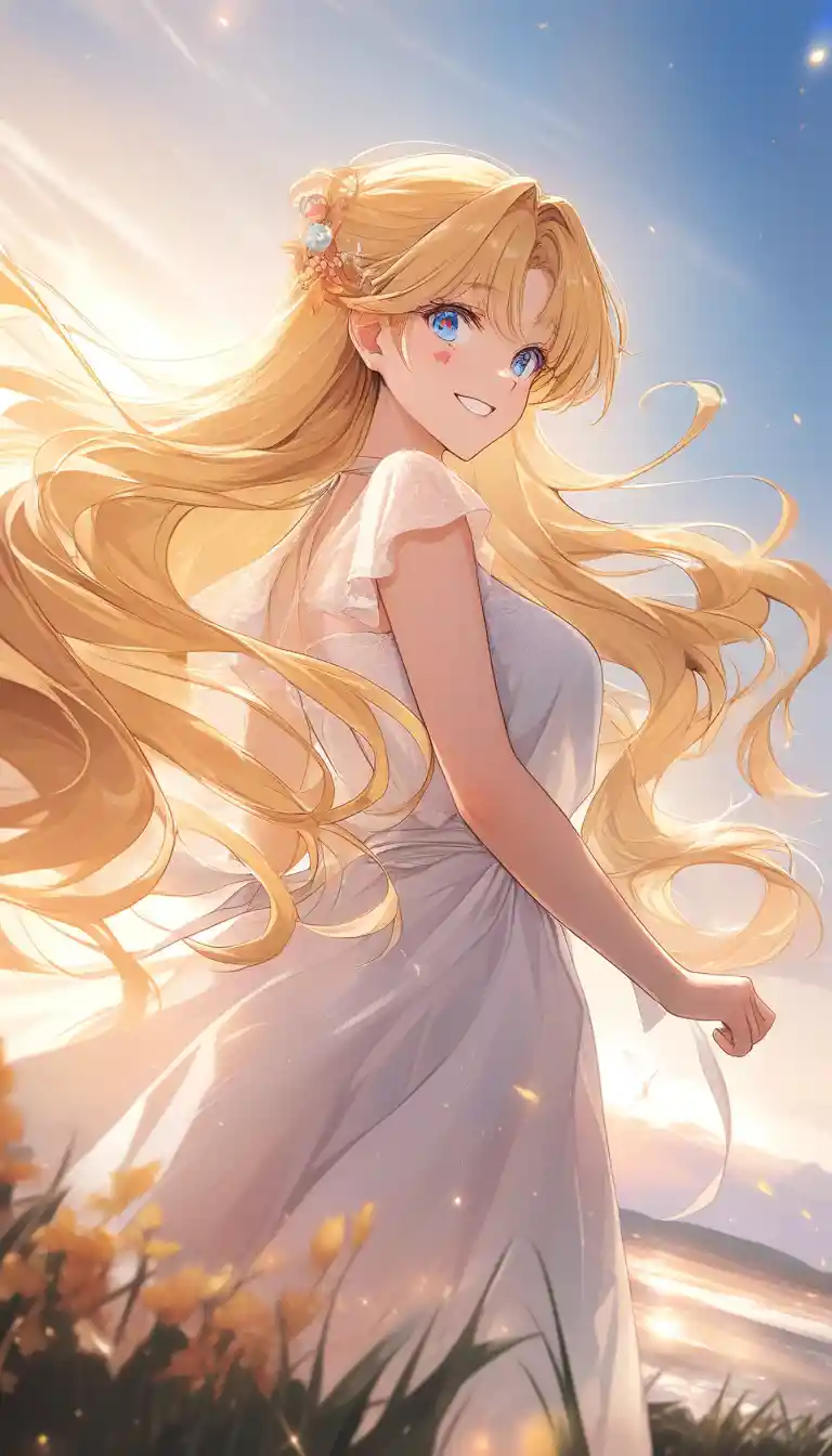Blonde anime girl smiling in sunset outdoor scene